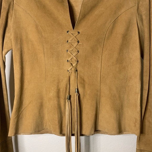Vintage Paolo Santini 100% Suede Leather Lace Up Bohemian Long Sleeve Top - Picture 11 of 15
